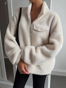 Livesso Women's Autumn High Neck Half-Zip Hem Sweatshirt,Fall Women Clothes School Lounge Travel Cream White Minimalist Casual - Apricot - View 7
