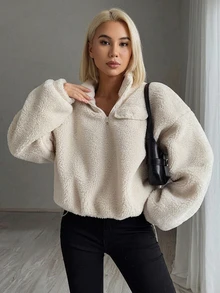 Livesso Women's Autumn High Neck Half-Zip Hem Sweatshirt,Fall Women Clothes School Lounge Travel Cream White Minimalist Casual - Apricot - View 6