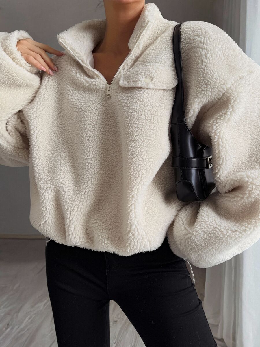 Livesso Women's Autumn High Neck Half-Zip Hem Sweatshirt,Fall Women Clothes School Lounge Travel Cream White Minimalist Casual - Apricot - View 1