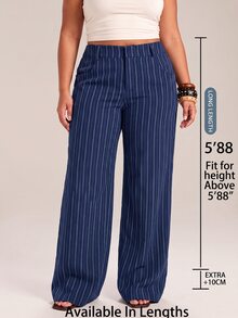 SHEIN Tall CURVE 大尺碼優雅條紋口袋長褲，適合辦公與通勤 - 藏蓝色 - 查看 2