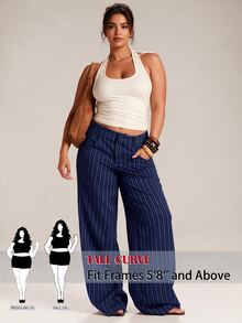 SHEIN Tall CURVE 大尺碼優雅條紋口袋長褲，適合辦公與通勤 - 藏蓝色 - 查看 3