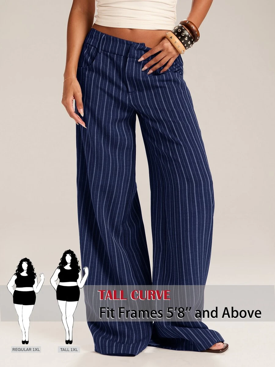 SHEIN Tall CURVE Plus Size Elegant Striped Pocket Pants For Office And Commute - Navy Blue - View 1