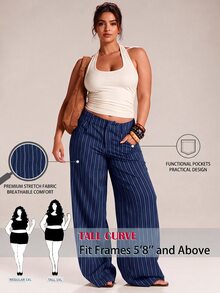 SHEIN Tall CURVE 大尺碼優雅條紋口袋長褲，適合辦公與通勤 - 藏蓝色 - 查看 1