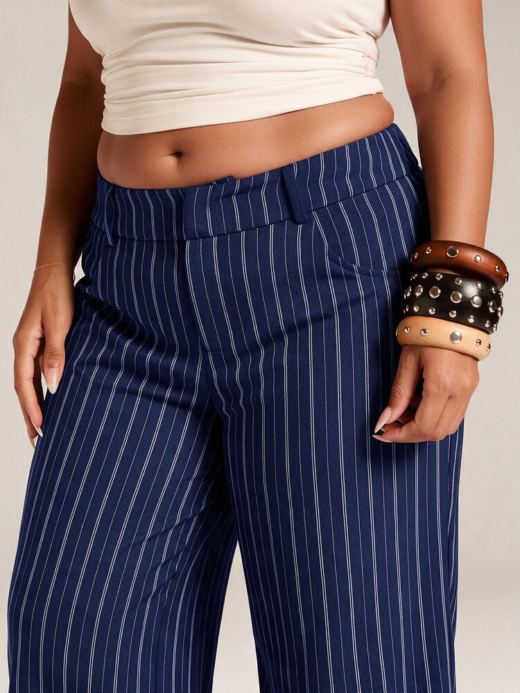 SHEIN Tall CURVE Plus Size Elegant Striped Pocket Pants For Office And Commute - Navy Blue - View 8