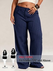 SHEIN Tall CURVE 大尺碼優雅條紋口袋長褲，適合辦公與通勤 - 藏蓝色 - 查看 9