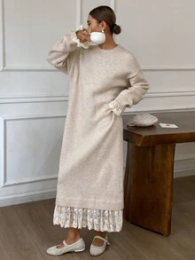Livesso 女式蕾丝拼布修身毛衣裙，秋季 - 杏色 - 查看 5