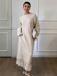 Livesso 女式蕾丝拼布修身毛衣裙，秋季 - 杏色 - 查看 1