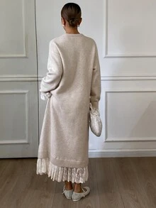 Livesso 女式蕾丝拼布修身毛衣裙，秋季 - 杏色 - 查看 2