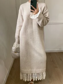 Livesso 女式蕾丝拼布修身毛衣裙，秋季 - 杏色 - 查看 4
