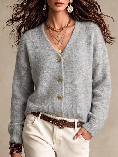 Dulcita Women's Casual Fashion Loose Cardigan With Metal Buttons, Elegant Daily Commute, Outing, Versatile Casual Vacation, Party Sweater Jacket