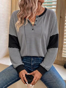 EMERY ROSE كنزة نسائية مخططة بأكمام طويلة وأزرار نصفية كاجوال - متعدد الألوان - مشاهدة 3