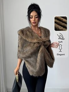 SHEIN Elenzya Elegant Faux Fox Fur Oversized Shawl Coat For Autumn/Winter Party And Holiday - Multicolor - View 7