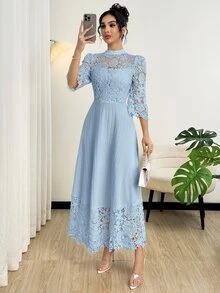 Modelyn Yellow Eyelet Embroidery Patchwork Maxi Long Sleeve Dress For Women - Baby Blue - View 8
