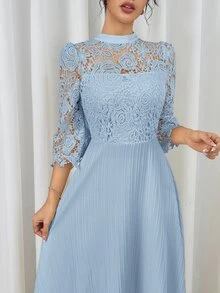 Modelyn Yellow Eyelet Embroidery Patchwork Maxi Long Sleeve Dress For Women - Baby Blue - View 7