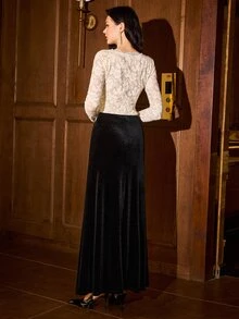 MOTF PREMIUM WOMEN'S AUTUMN/WINTER LACE PATCHWORK VELVET CONTRAST COLOR LONG DRESS - Black and White - View 4