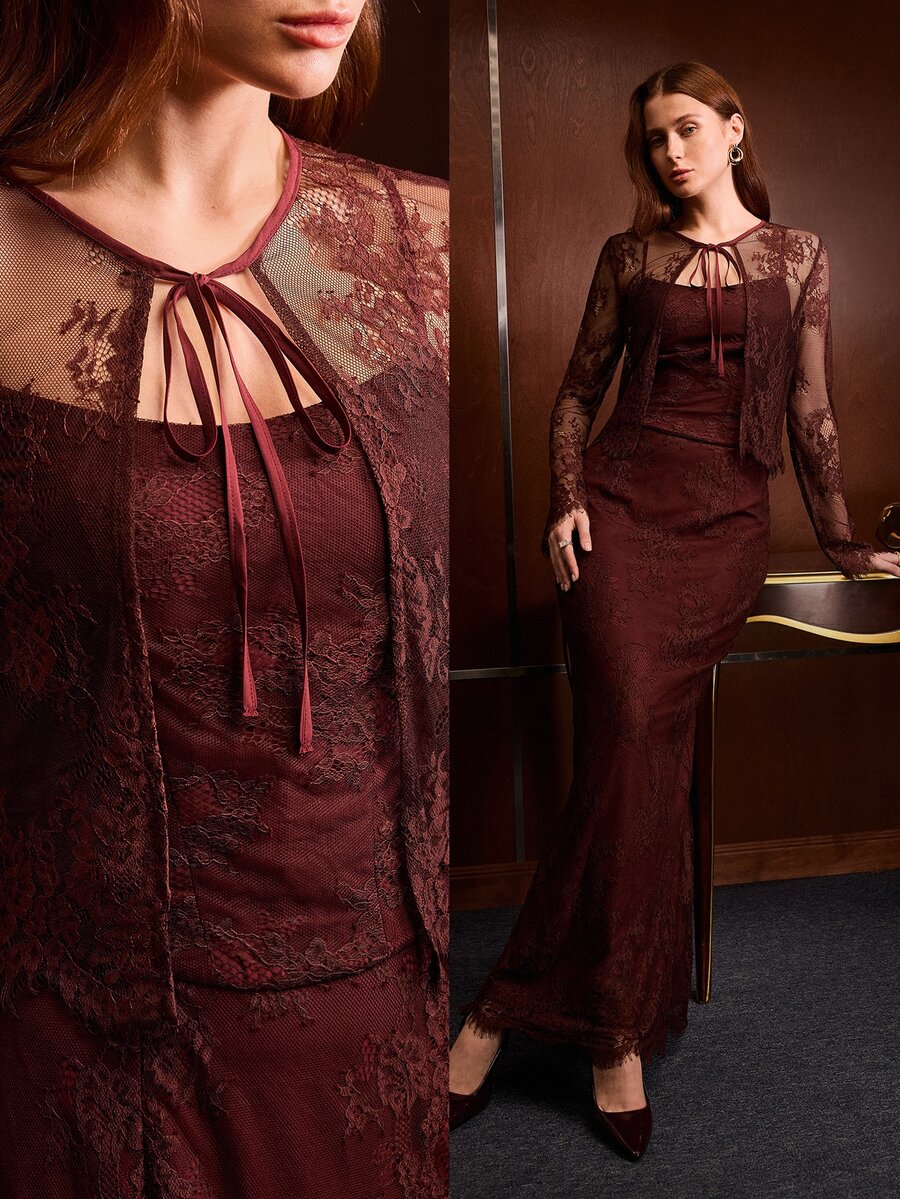 MOTF PREMIUM WOMEN'S ROMANTIC ELEGANT LACE DRESS - Red Violet - View 1