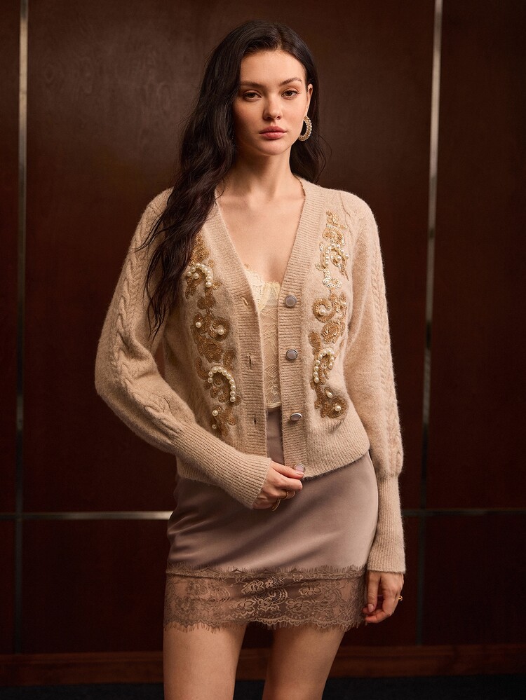 MOTF PREMIUM WOMEN'S AUTUMN/WINTER KNITTED CARDIGAN SWEATER WITH JEWELRY DECORATION - Apricot - View 4