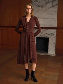MOTF PREMIUM WOMEN'S OVERLAP COLLAR RUCHED DRESS - Coffee Brown - View 4