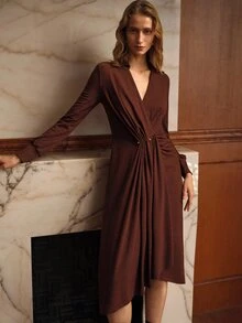MOTF PREMIUM WOMEN'S OVERLAP COLLAR RUCHED DRESS - Coffee Brown - View 7