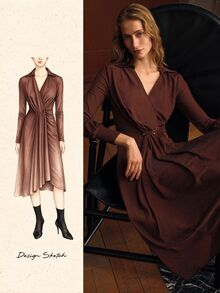 MOTF PREMIUM WOMEN'S OVERLAP COLLAR RUCHED DRESS - Coffee Brown - View 8