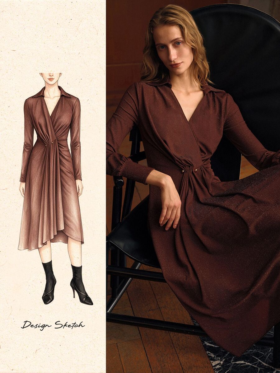 MOTF PREMIUM WOMEN'S OVERLAP COLLAR RUCHED DRESS - Coffee Brown - View 1