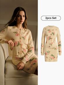 MOTF PREMIUM WOMEN'S FLORAL PRINT SINGLE-BREASTED CARDIGAN AND SWEATER SKIRT - Coffee Brown - View 9