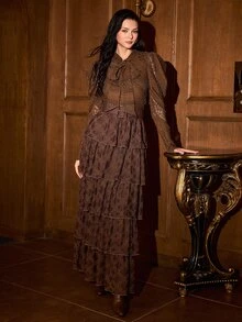 MOTF PREMIUM WOMEN'S LACE TIE NECK CASUAL PARTY LONG DRESS - Coffee Brown - View 8