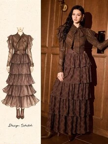 MOTF PREMIUM WOMEN'S LACE TIE NECK CASUAL PARTY LONG DRESS - Coffee Brown - View 11