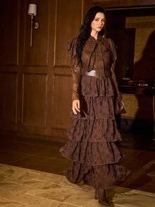 MOTF PREMIUM WOMEN'S LACE TIE NECK CASUAL PARTY LONG DRESS - Coffee Brown - View 6