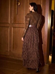 MOTF PREMIUM WOMEN'S LACE TIE NECK CASUAL PARTY LONG DRESS - Coffee Brown - View 4