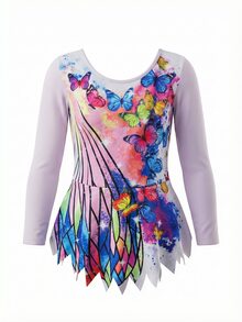 SHEIN 长袖修身蝴蝶撞色印花紧身衣 - 紫色 - 查看 8