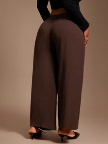 Radiana Plus Size Women's Minimalist Casual Elegant Fashion Dark Coffee Wide Leg Pants Commuter Office Business Formal Home Wear Brown High Waisted - Coffee Brown - View 5