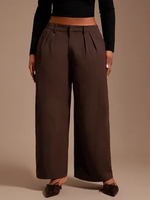 Radiana Plus Size Women's Minimalist Casual Elegant Fashion Dark Coffee Wide Leg Pants Commuter Office Business Formal Home Wear Brown High Waisted - Coffee Brown - View 3