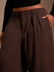 Radiana Plus Size Women's Minimalist Casual Elegant Fashion Dark Coffee Wide Leg Pants Commuter Office Business Formal Home Wear Brown High Waisted - Coffee Brown - View 2