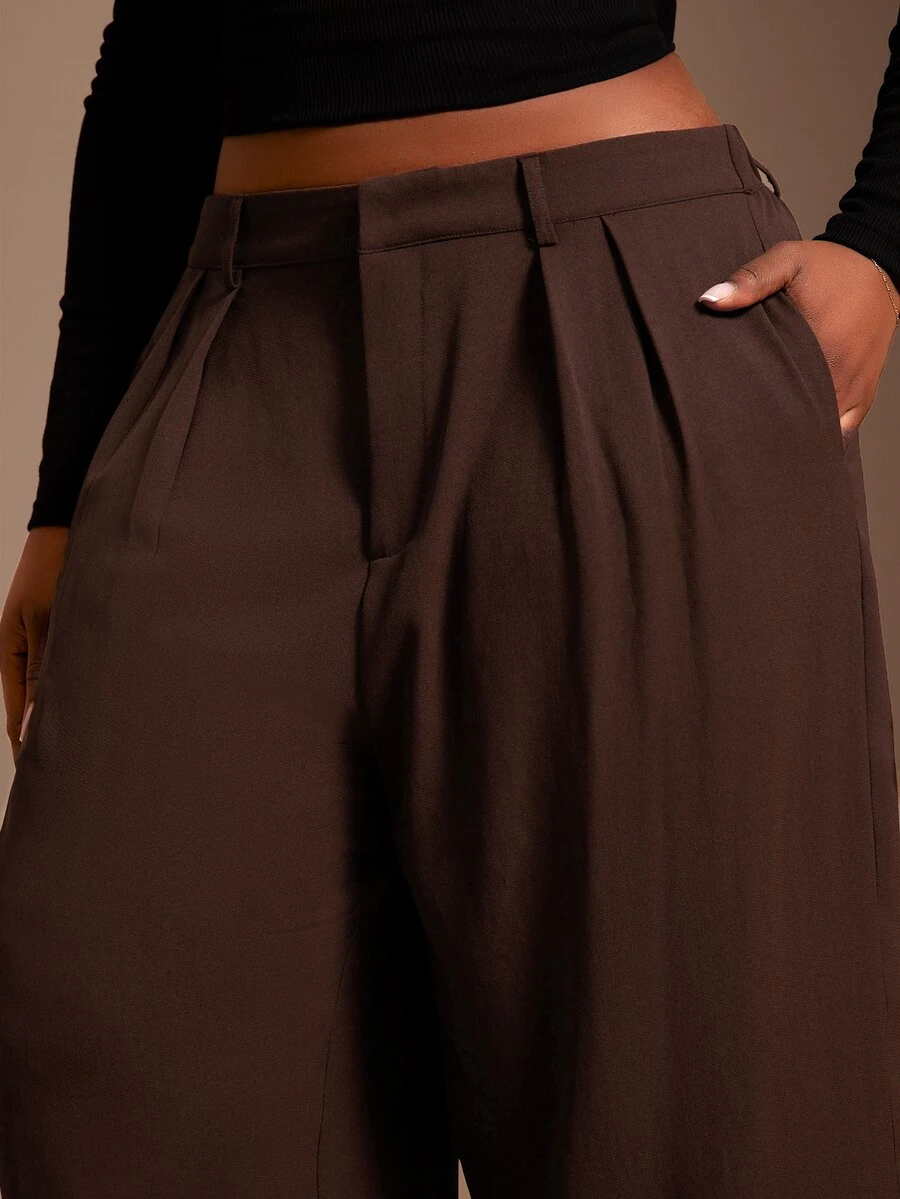 Radiana Plus Size Women's Minimalist Casual Elegant Fashion Dark Coffee Wide Leg Pants Commuter Office Business Formal Home Wear Brown High Waisted