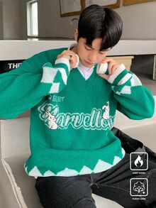 Claim Dot Men V-Neck Letter Print Casual Pullover Sweater - Multicolor - View 5