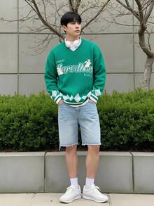 Claim Dot Men V-Neck Letter Print Casual Pullover Sweater - Multicolor - View 1