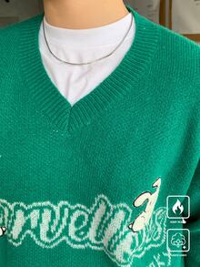 Claim Dot Men V-Neck Letter Print Casual Pullover Sweater - Multicolor - View 2