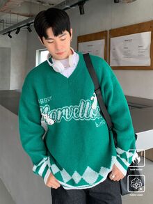 Claim Dot Men V-Neck Letter Print Casual Pullover Sweater - Multicolor - View 3