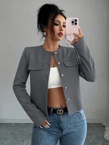 Modelyn Spring/Autumn Simple Fashion Elegant Round Neck Metal Button Slimming Versatile Daily Commute Women's Jacket - Grey - View 7