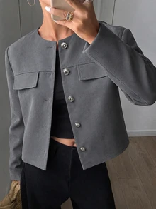 Modelyn Spring/Autumn Simple Fashion Elegant Round Neck Metal Button Slimming Versatile Daily Commute Women's Jacket - Grey - View 5