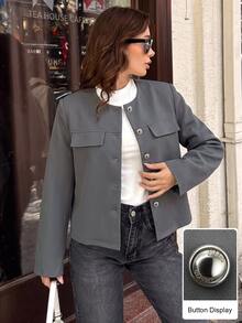 Modelyn Spring/Autumn Simple Fashion Elegant Round Neck Metal Button Slimming Versatile Daily Commute Women's Jacket - Grey - View 10