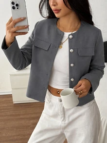 Modelyn Spring/Autumn Simple Fashion Elegant Round Neck Metal Button Slimming Versatile Daily Commute Women's Jacket - Grey - View 9