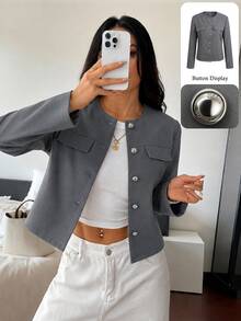 Modelyn Spring/Autumn Simple Fashion Elegant Round Neck Metal Button Slimming Versatile Daily Commute Women's Jacket - Grey - View 12