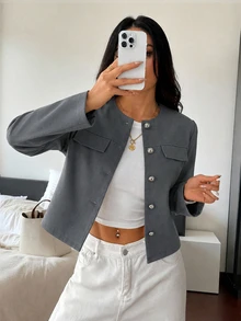 Modelyn Spring/Autumn Simple Fashion Elegant Round Neck Metal Button Slimming Versatile Daily Commute Women's Jacket - Grey - View 4