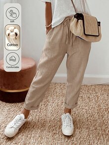 SHEIN Holidaya Women's Spring/Summer Solid Color Drawstring Elastic Waist Pocket Rolled Hem Ankle Pants, Casual Bohemian Loose Fit Long Pants - Khaki - View 3