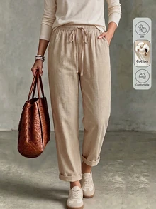 SHEIN Holidaya Women's Spring/Summer Solid Color Drawstring Elastic Waist Pocket Rolled Hem Ankle Pants, Casual Bohemian Loose Fit Long Pants - Khaki - View 1