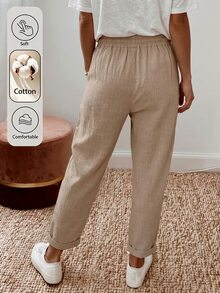 SHEIN Holidaya Women's Spring/Summer Solid Color Drawstring Elastic Waist Pocket Rolled Hem Ankle Pants, Casual Bohemian Loose Fit Long Pants - Khaki - View 2