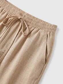 SHEIN Holidaya Women's Spring/Summer Solid Color Drawstring Elastic Waist Pocket Rolled Hem Ankle Pants, Casual Bohemian Loose Fit Long Pants - Khaki - View 4