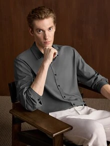 Manfinity Mode Men's Front Button Long Sleeve Pocket Casual Formal Shirt, Daily Wear, For Fall, Ceremony Style For Commuting - Grey - View 8